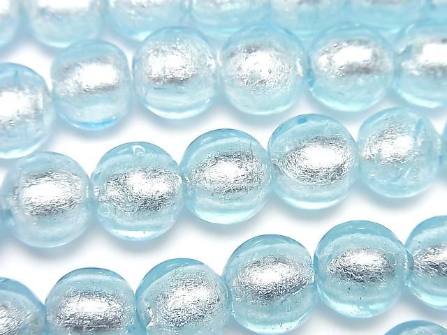 [Video] Lampwork Beads Round 10mm [Silver foil x light blue] half or 1strand beads (aprx.9inch/24cm)