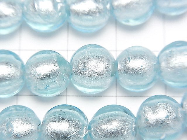 [Video]Lampwork Beads Round 10mm [Silver foil x Light blue] 1strand beads (aprx.11inch/27cm)