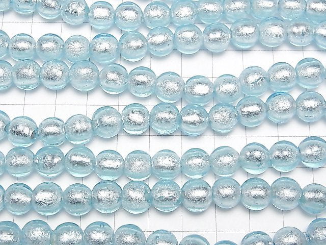 [Video]Lampwork Beads Round 10mm [Silver foil x Light blue] 1strand beads (aprx.11inch/27cm)