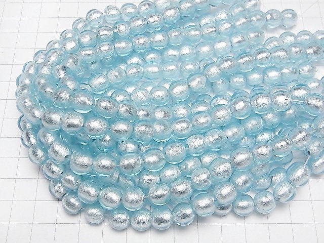 [Video]Lampwork Beads Round 10mm [Silver foil x Light blue] 1strand beads (aprx.11inch/27cm)