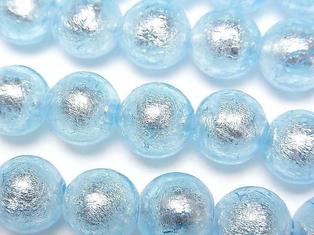 [Video] Lampwork Beads Round 12mm [Silver foil x light blue] half or 1strand beads (aprx.10inch/25cm)