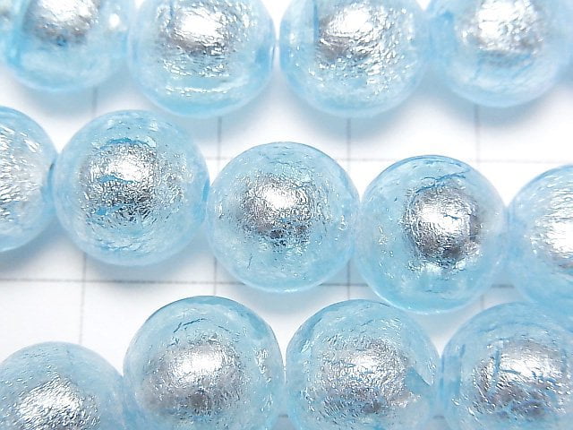 [Video]Lampwork Beads Round 12mm [Silver foil x Light blue] 1strand beads (aprx.10inch/25cm)