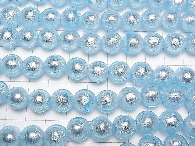 [Video]Lampwork Beads Round 12mm [Silver foil x Light blue] 1strand beads (aprx.10inch/25cm)