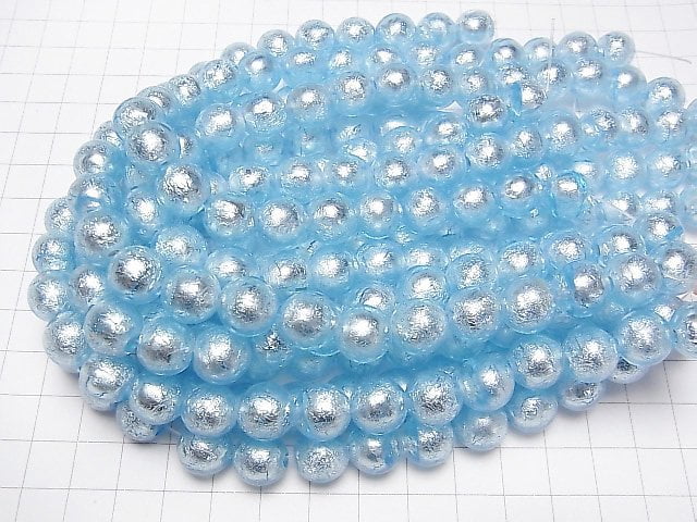 [Video]Lampwork Beads Round 12mm [Silver foil x Light blue] 1strand beads (aprx.10inch/25cm)