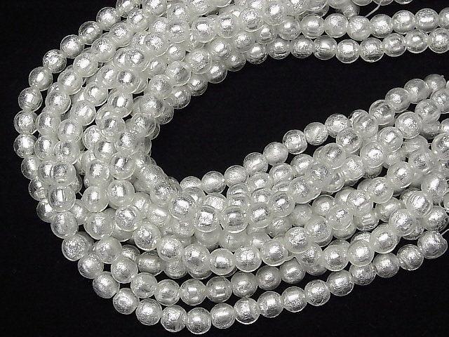 Lampwork Beads Round 8mm [Silver foil x clear] half or 1strand beads (aprx.9inch/22cm)