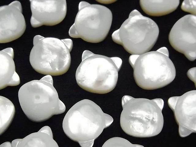 [Video] White Shell (Silver-lip Oyster) AAA Cat Motif 10x9.5mm [Half Drilled Hole (Back)] 1pc