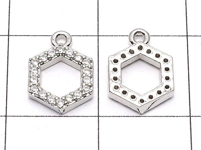 3pcs $3.79! Metal Parts Hexagon Charm w / CZ Silver Color 3pcs