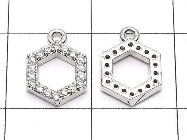 Metal parts Hexagon charm w/CZ Silver color 2pcs