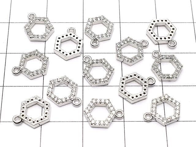 Metal parts Hexagon charm w/CZ Silver color 2pcs