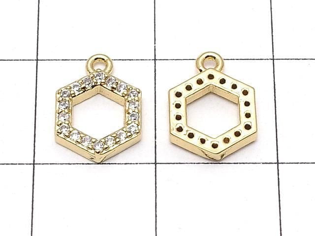 Metal parts Hexagon charm w/CZ Gold color 2pcs