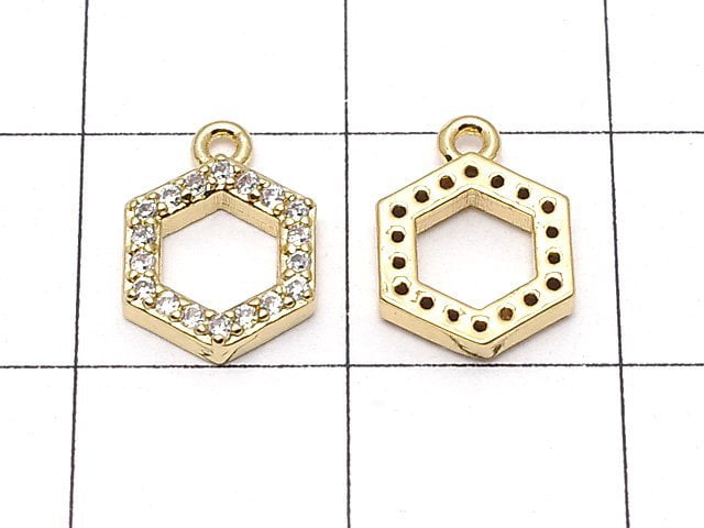 Metal Parts Hexagon Charm w / CZ Gold Color 3pcs