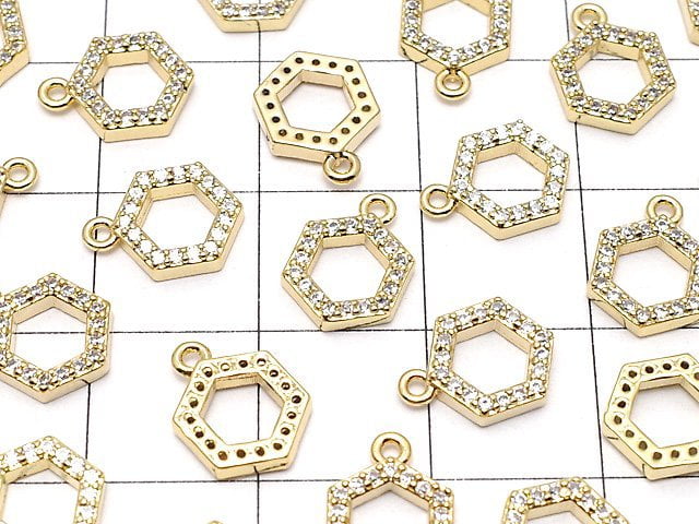 Metal Parts Hexagon Charm w / CZ Gold Color 3pcs