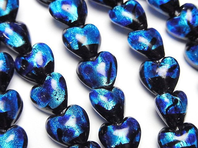 [Video] Lampwork Beads Vertical Hole Heart 10x10mm [Blue x Light Blue] 1/4 or 1strand beads (aprx.9inch/24cm)