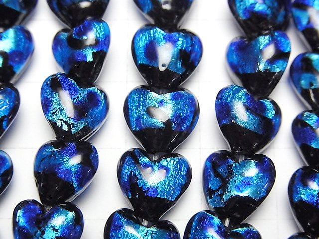 [Video] Lampwork Beads Vertical Hole Heart 10x10mm [Blue x Light Blue] 1/4 or 1strand beads (aprx.9inch/24cm)