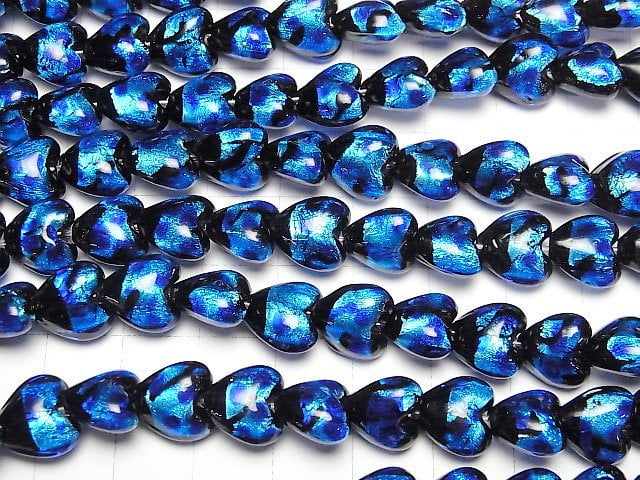 [Video] Lampwork Beads Vertical Hole Heart 10x10mm [Blue x Light Blue] 1/4 or 1strand beads (aprx.9inch/24cm)