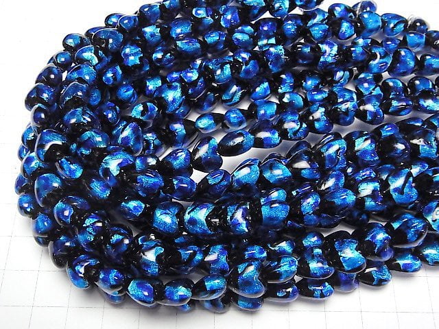 [Video] Lampwork Beads Vertical Hole Heart 10x10mm [Blue x Light Blue] 1/4 or 1strand beads (aprx.9inch/24cm)