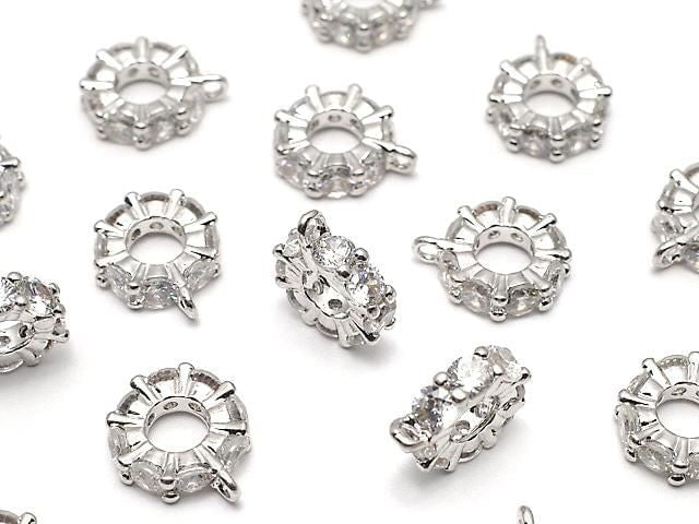 Metal parts with ring, Rondelle [6mm][7mm][9mm], silver color (with CZ), 2pcs