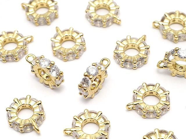 Metal parts with ring, Rondelle [6mm][7mm][9mm], gold color (with CZ), 2pcs