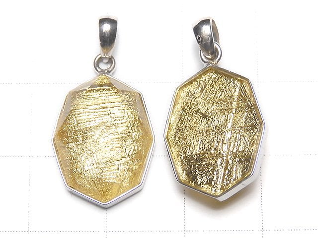 Meteorite (Muonionalusta) Octagonal Pendant 16x12x7mm Yellow Gold Silver925