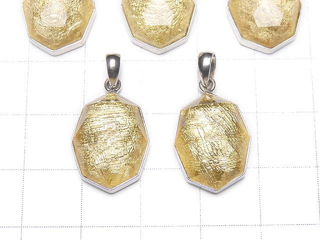 Meteorite (Muonionalusta) Octagonal Pendant 16x12x7mm Yellow Gold Silver925