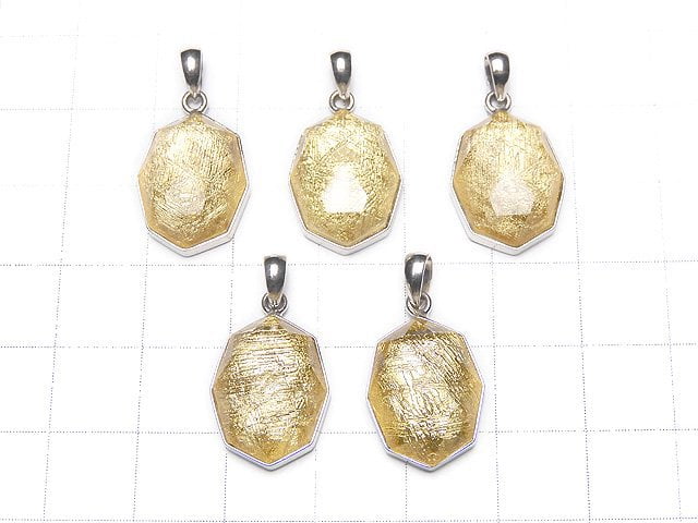 Meteorite (Muonionalusta) Octagonal Pendant 16x12x7mm Yellow Gold Silver925