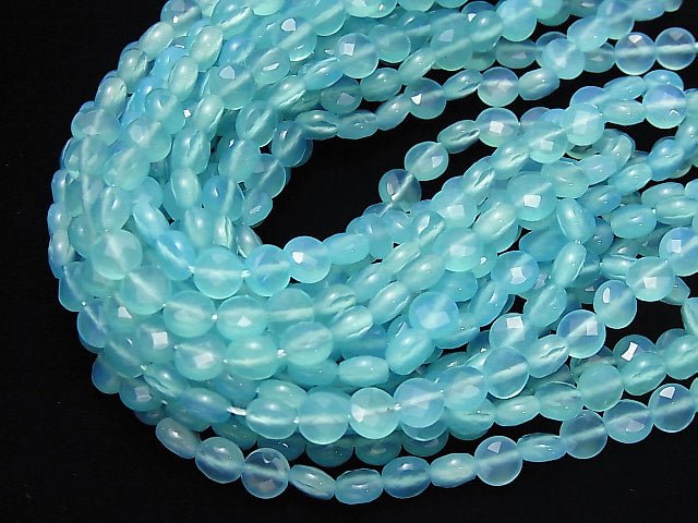 Sea blue Chalcedony AAA Faceted Coin 6 x 6 x 3 mm 1/4 or 1strand beads (aprx.15 inch / 38 cm)