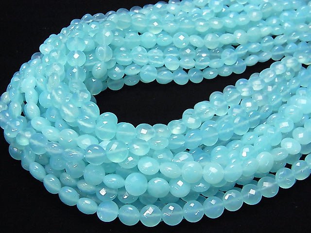 [Video] Sea blue Chalcedony AAA Faceted Coin 8 x 8 x 5 mm 1/4 or 1strand beads (aprx.15 inch / 38 cm)