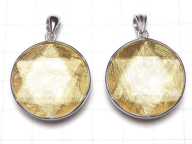 Meteorite (Muonionalusta) Pendant Both Side Finish 27 mm Yellow Gold Color  Silver 925