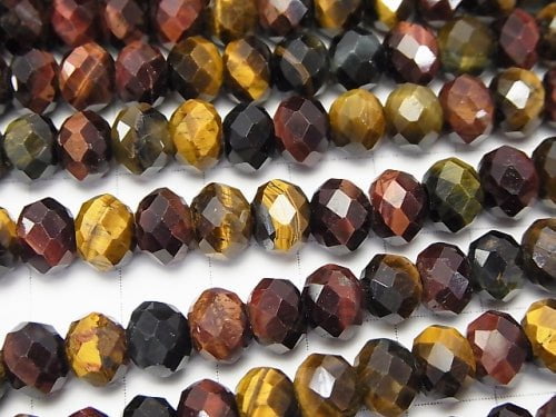 High Quality! Tiger's Eye AA ++ 3 color mix Faceted Button Roundel 8 x 8 x 6 half or 1 strand beads (aprx.15 inch / 37 cm)