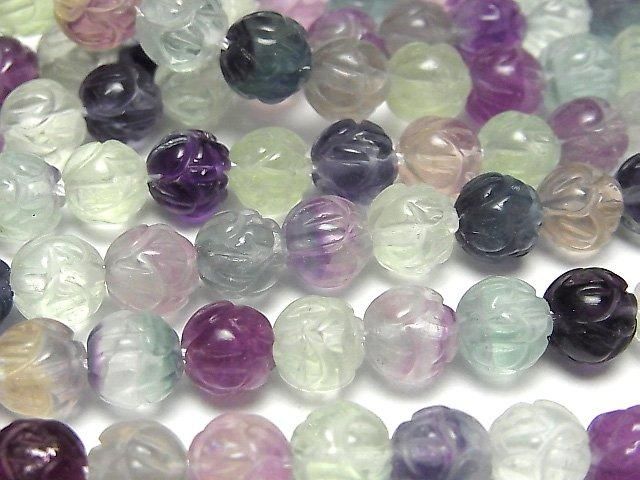Multicolor Fluorite AAA- Lotus Carving 8mm half or 1-strand beads (approx. 15 inches/38 cm)