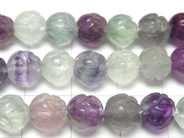 Multicolor Fluorite AAA-Lotus Carving 8mm half or 1strand beads (aprx.15inch / 38cm)