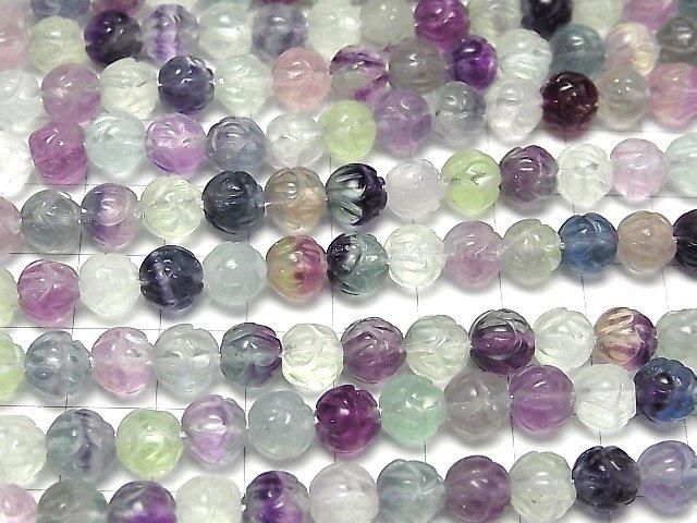 Multicolor Fluorite AAA- Lotus Carving 8mm half or 1-strand beads (approx. 15 inches/38 cm)