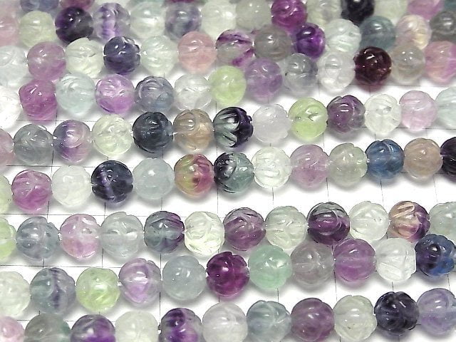 Multicolor Fluorite AAA-Lotus Carving 8mm half or 1strand beads (aprx.15inch / 38cm)