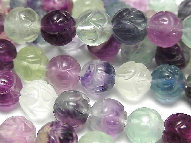 [Video] Multicolor Fluorite AAA - Lotus Carving 10mm half or 1-strand beads (approx. 15 inches/36 cm)