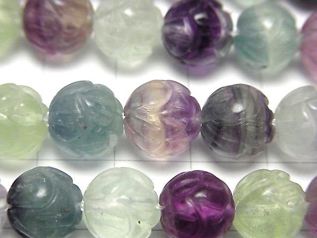 [Video] Multicolor Fluorite AAA - Lotus Carving 10mm half or 1-strand beads (approx. 15 inches/36 cm)