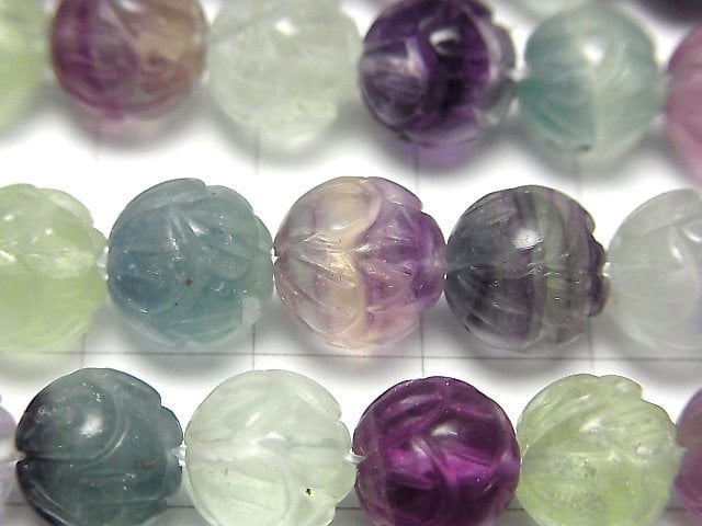 [Video] Multicolor Fluorite AAA- Lotus Carving 10mm half or 1strand beads (aprx.15inch / 36cm)