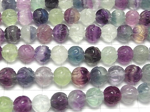 [Video] Multicolor Fluorite AAA- Lotus Carving 10mm half or 1strand beads (aprx.15inch / 36cm)