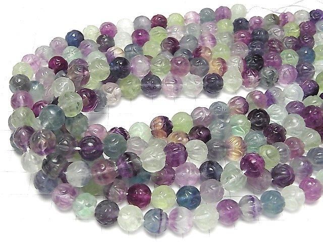 [Video] Multicolor Fluorite AAA - Lotus Carving 10mm half or 1-strand beads (approx. 15 inches/36 cm)