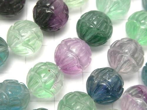 Multicolor Fluorite AAA - Lotus Carving 12mm half or 1-strand beads (approx. 15 inches/37 cm)