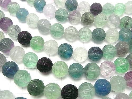 Multicolor Fluorite AAA - Lotus Carving 12mm half or 1-strand beads (approx. 15 inches/37 cm)