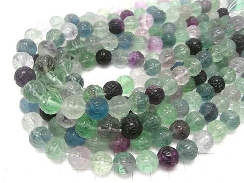 Multicolor Fluorite AAA - Lotus Carving 12mm half or 1-strand beads (approx. 15 inches/37 cm)