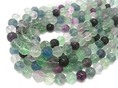 Multicolor Fluorite AAA-Lotus Carving 12mm half or 1strand beads (aprx.15inch / 37cm)