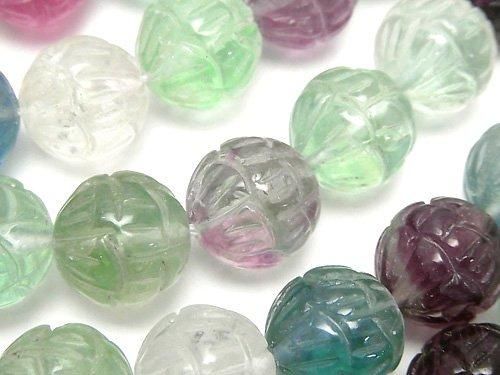 Multicolor Fluorite AAA- Lotus Carving 14mm half or 1-strand beads (approx. 15 inches/38 cm)
