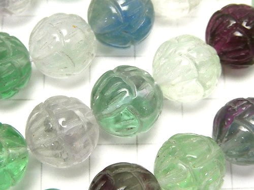 Multicolor Fluorite AAA-Lotus Carving 14mm half or 1strand beads (aprx.15inch / 38cm)