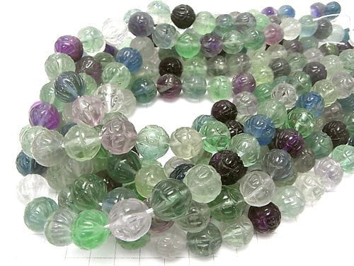 Multicolor Fluorite AAA-Lotus Carving 14mm half or 1strand beads (aprx.15inch / 38cm)