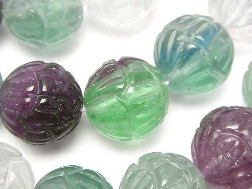 Multicolor Fluorite AAA- Lotus Carving 16mm half or 1-strand beads (approx. 15 inches/38 cm)