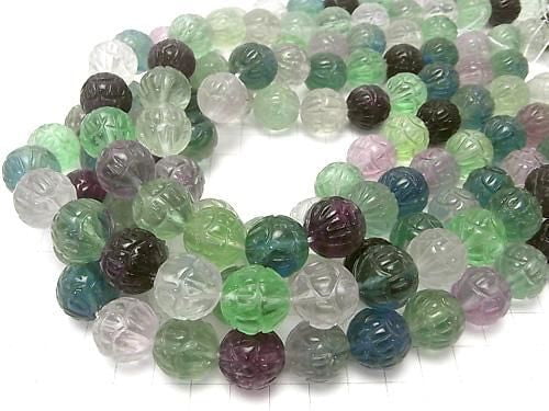 Multicolor Fluorite AAA- Lotus Carving 16mm half or 1-strand beads (approx. 15 inches/38 cm)