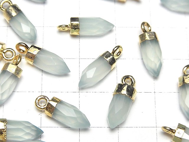 [Video]High Quality Sea Blue Chalcedony AAA- Faceted Point Charm 12x5x5mm Gold color 2pcs