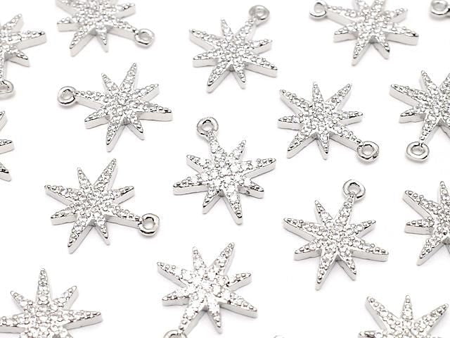 Metal Parts Star Motif Charm, 13.5x11.5mm, Silver Color (with CZ), 2 Pieces