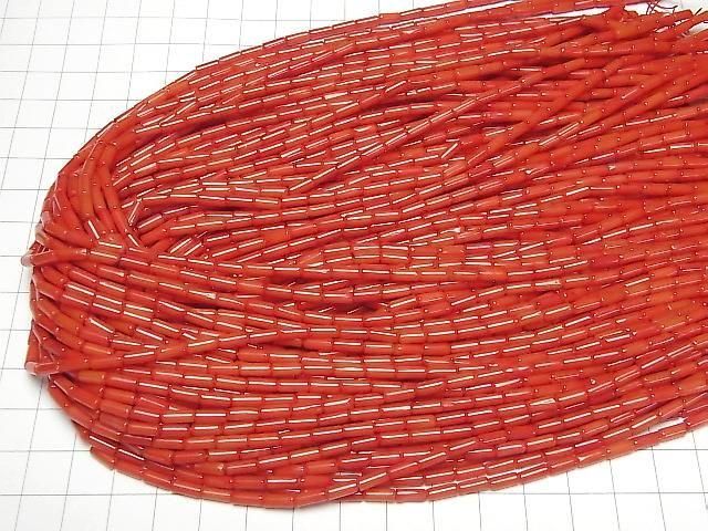 [Video] Red Coral (Dyed) Tube 7x3x3mm 1-strand beads (approx. 15inch/37cm)